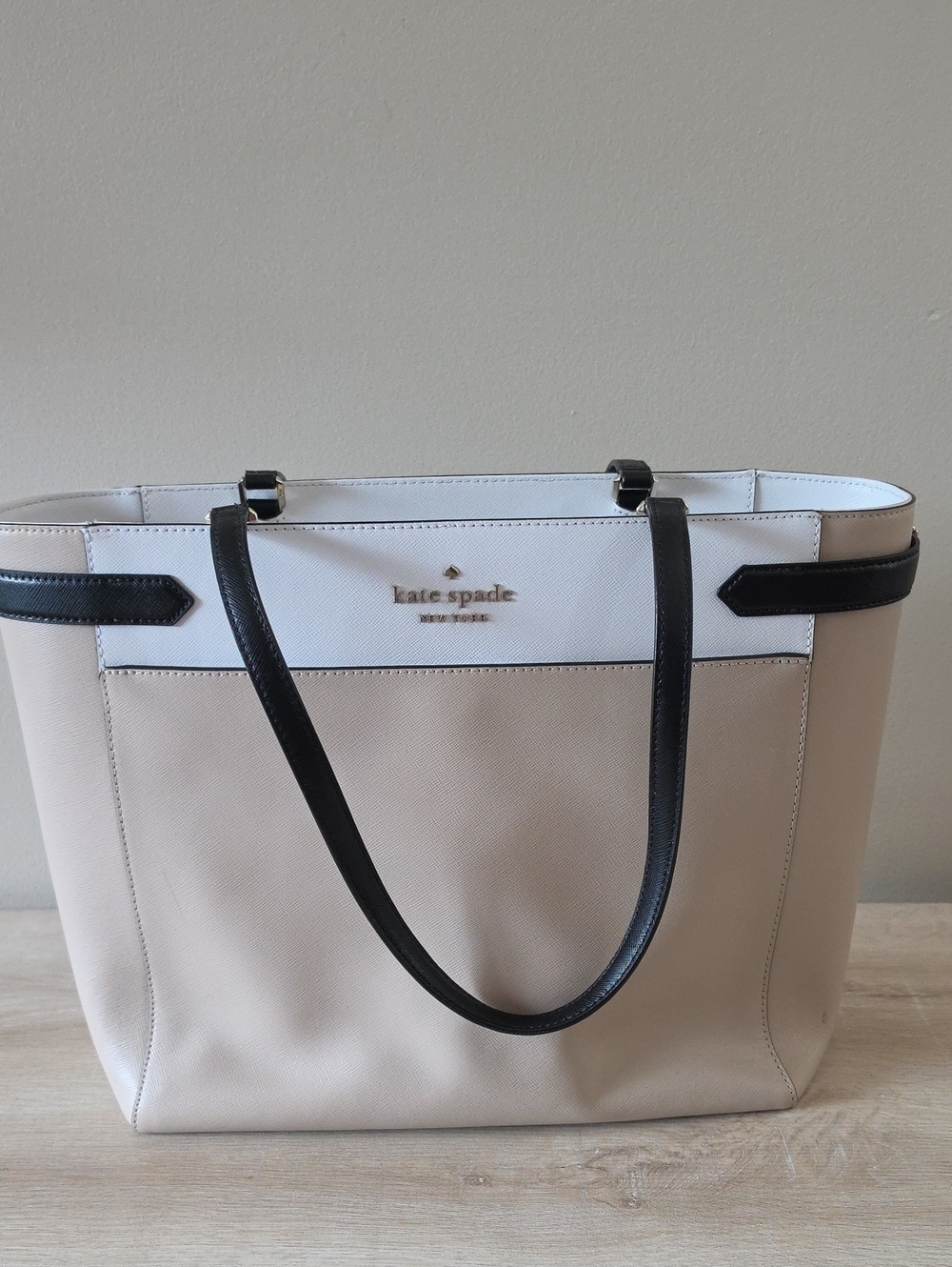 ​Kate Spade Staci Colorblock Saffiano Leather Tote Shoulder Bag Beige White